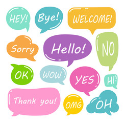 Set of speech bubbles with short phrases yes, thank you, ok, omg, hello, sorry, welcome.