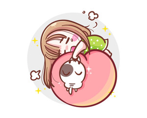 Character of working hard girl sleeping on peach isolated on white background with exhausted concept.