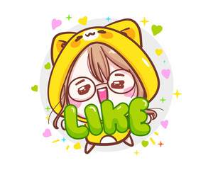 Character of cute girls holding LIKE message symbol isolated on white background with favorite concept.