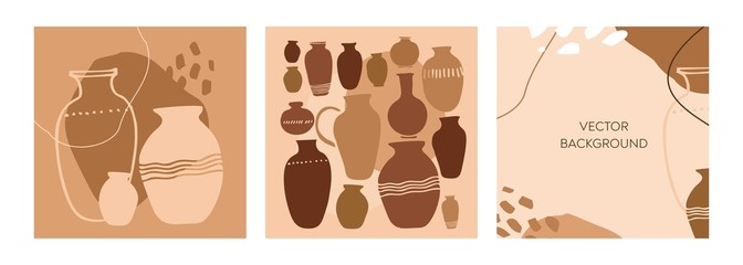 Set of decorative square posters with abstract lines and spots in natural colors. Banners and template with hand-drawn minimalist terracotta vases. Inspired by the art of pottery. Vector illustration.