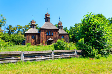 Ancient wooden orthodox church of St. Michael in Pyrohiv (Pirogovo) village near Kiev, Ukraine
