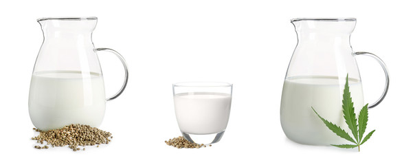 Set of glassware with hemp milk on white background, banner design
