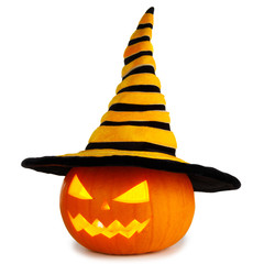 Halloween pumpkin with witches hat