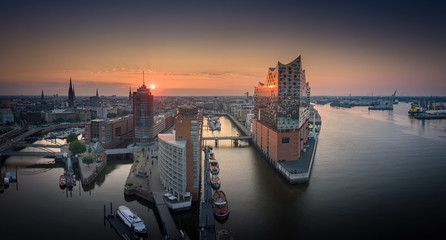 Panorama of the Elbphilharmony, Hafencity and Speicherstadt in Hamburg at sunrise
