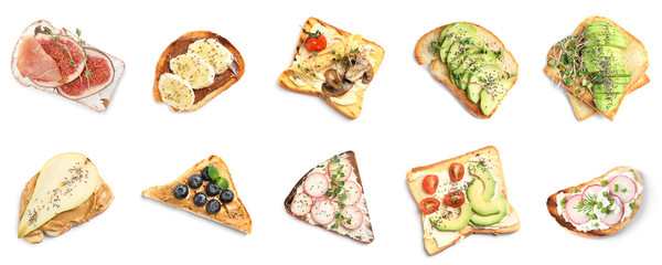 Set of different bruschettas on white background, top view. Banner design