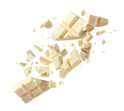 Chocolate explosion, pieces shattering on white background