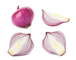 Cut and whole red onion on white background