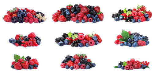 Set of different mixed berries on white background, banner design © New Africa