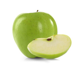 Cut and whole green apples on white background