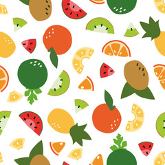 Fresh mix of fruit pattern in random position. Seamless vector background for fabric, wrapping paper, gift paper, decoration and ornament. Strips and white background.