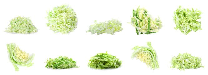 Piles of fresh chopped Savoy cabbage on white background. Banner design - obrazy, fototapety, plakaty