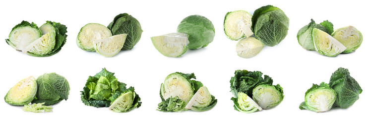 Set of cut and whole Savoy cabbages on white background. Banner design