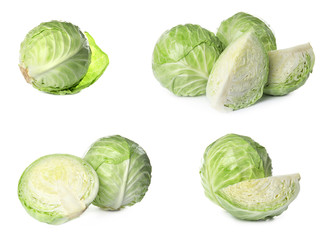 Set of fresh ripe cabbages isolated on white background