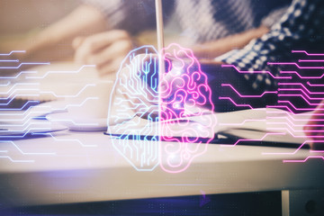 Man with multi exposure atificial intelligence brain icons.