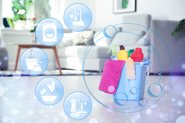 Cleaning service related icons and janitorial supplies in room