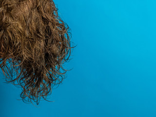 Long wet hair on blue background with copy space