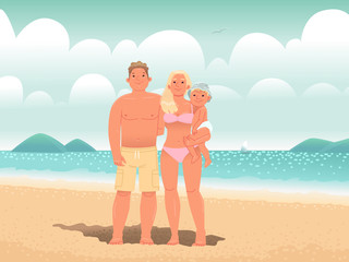 Happy family on the beach by the sea. Dad, mom and son are sunbathe and enjoy the summer