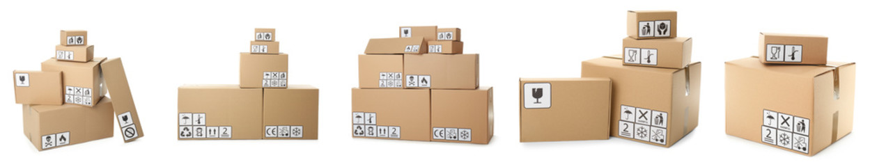 Set of cardboard boxes with packaging symbols on white background. Banner design