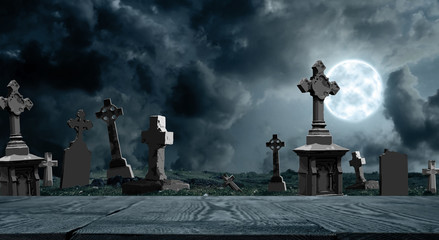 Wooden surface and moonlit graveyard with old creepy headstones. Halloween banner design