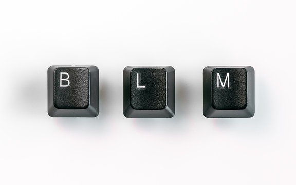 Computer keyboard keys spelling BLM, isolated on white background