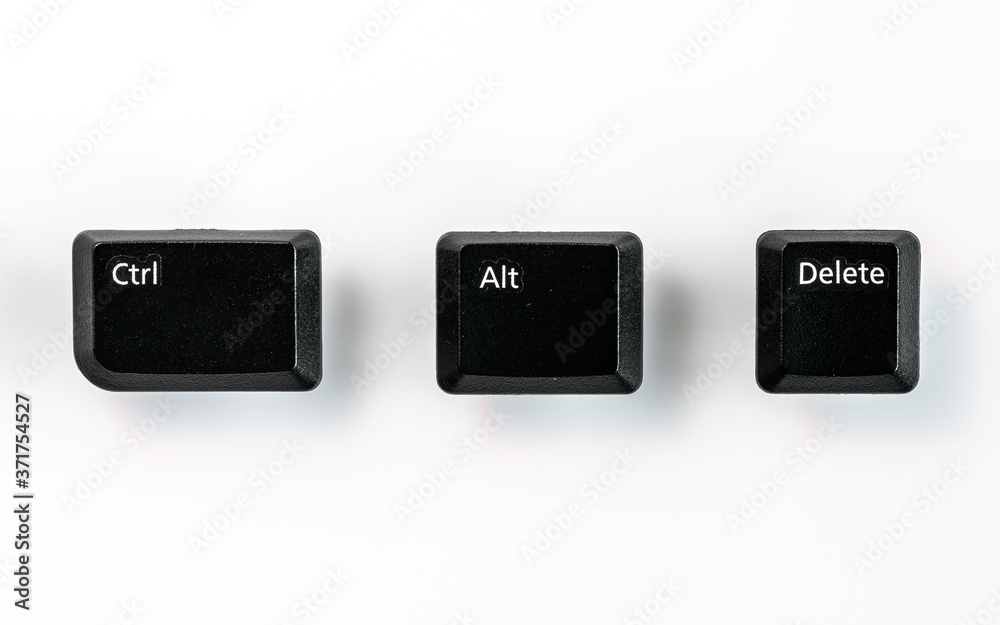 Wall mural black ctrl, alt, del keyboard keys isolated on white, a combination of keys used to reboot a compute