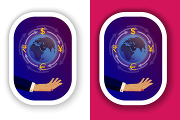 Currency exchange. Symbols of money, currencies of different countries of the world are located on arrows around the Earth. Sticker with white outline and shadow