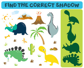 Find the correct shadow: Adorable dinosaurs isolated on white background