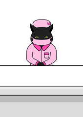 病院の窓口で働く黒猫のナース