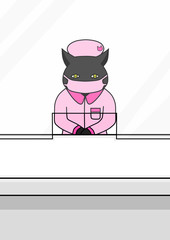 病院の窓口で働く黒猫のナース