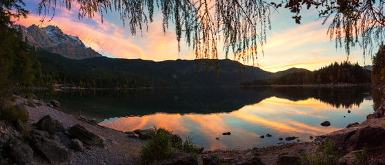 dreamy sunset mood at lake Eibsee, bavarian alps