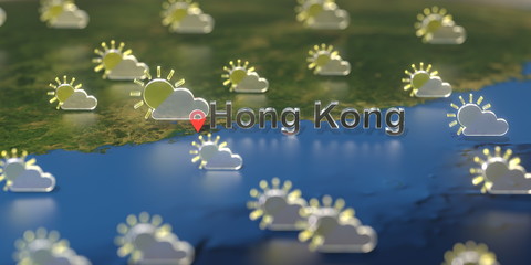 Partly cloudy weather icons near Hong Kong city on the map, weather forecast related 3D rendering