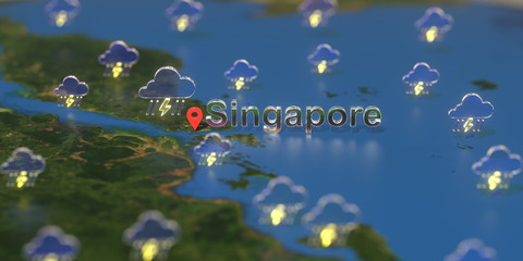 Singapore city and stormy weather icon on the map, weather forecast related 3D rendering