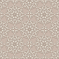 Seamless lace texture, swirly line pattern, ornamental background in beige color