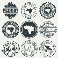 Venezuela Set of Stamps. Travel Stamp. Made In Product. Design Seals Old Style Insignia.