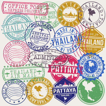 Pattaya Thailand Set of Stamps. Travel Stamp. Made In Product. Design Seals Old Style Insignia.