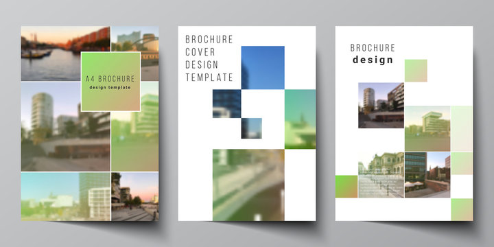 Vector layout of A4 cover mockups design templates for brochure, flyer layout, booklet, cover design, book design, brochure cover. Abstract project with clipping mask green squares for your photo.