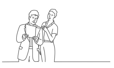 Man and woman are discussing work. Line drawing vector illustration.