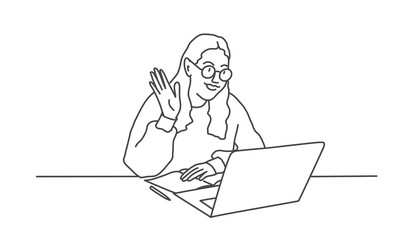 Fototapeta na wymiar Happy young business woman looking at computer screen, waving hello. Line drawing vector illustration.