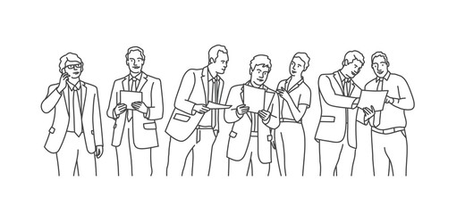 Business people working. Line drawing vector illustration.