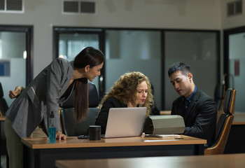 Business people team colleagues in modern office. Man and woman meeting conference and presentation in room.