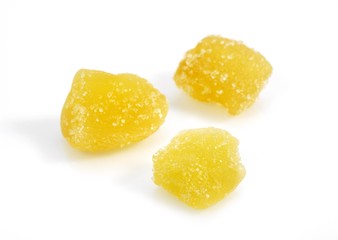 Crystallised Ginger, zingiber officinale against White Background