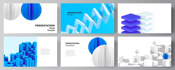 Vector layout of presentation slides design templates, template for presentation brochure, brochure cover, business report. 3d render vector composition with dynamic geometric blue shapes in motion.