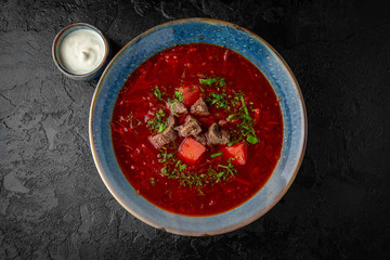 Beetroot red Ukrainian borsch. Balanced tasty diet food. First course