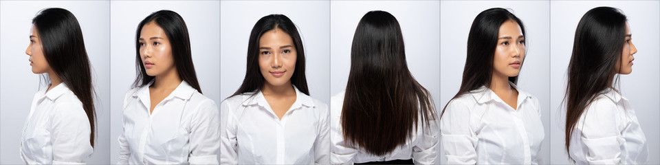Asian Woman half body portrait turn rear side back view turn 360
