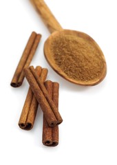 Cinnamon Bark and Powder, cinnamomum zeylanicum against White Background