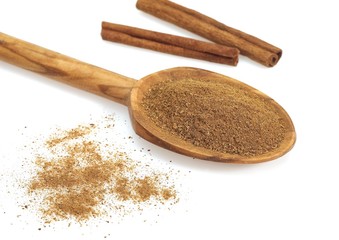 Cinnamon Bark and Powder, cinnamomum zeylanicum against White Background