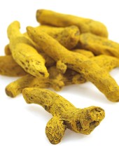 Root of Turmeric, curcuma longa, an Indian Spice against White Background