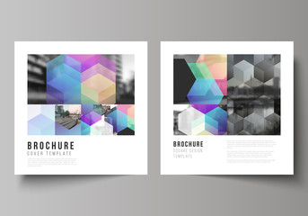 Vector layout of two square format covers design templates with abstract shapes and colors for brochure, flyer, magazine, cover design, book design, brochure cover.