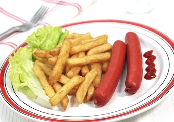 Plate with Sausage and French Fries