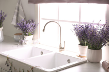 Beautiful lavender flowers on countertop near sink in kitchen
